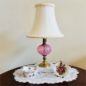 Cranberry Glass Boudoir Lamp and Tabletop Decoratives Pink Floral Vintage